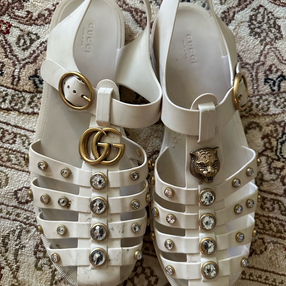 Gucci White and Gold Designer Sandals
